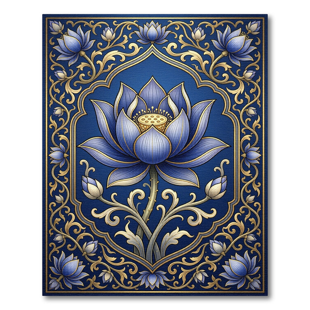 Golden Ornate Blue Lotus Bloom Rug