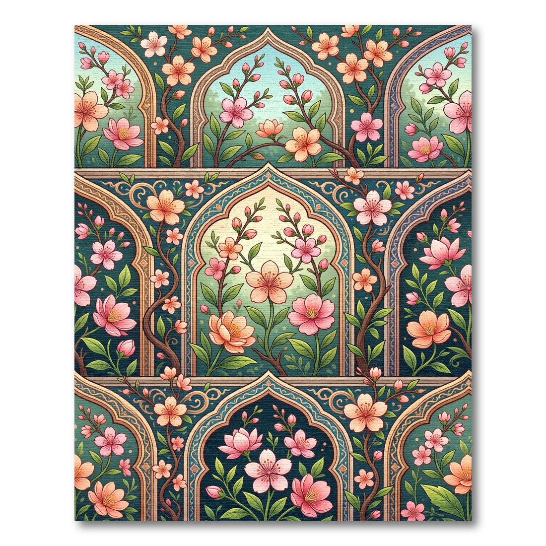 Teal Floral Arch Blossom Garden Rug