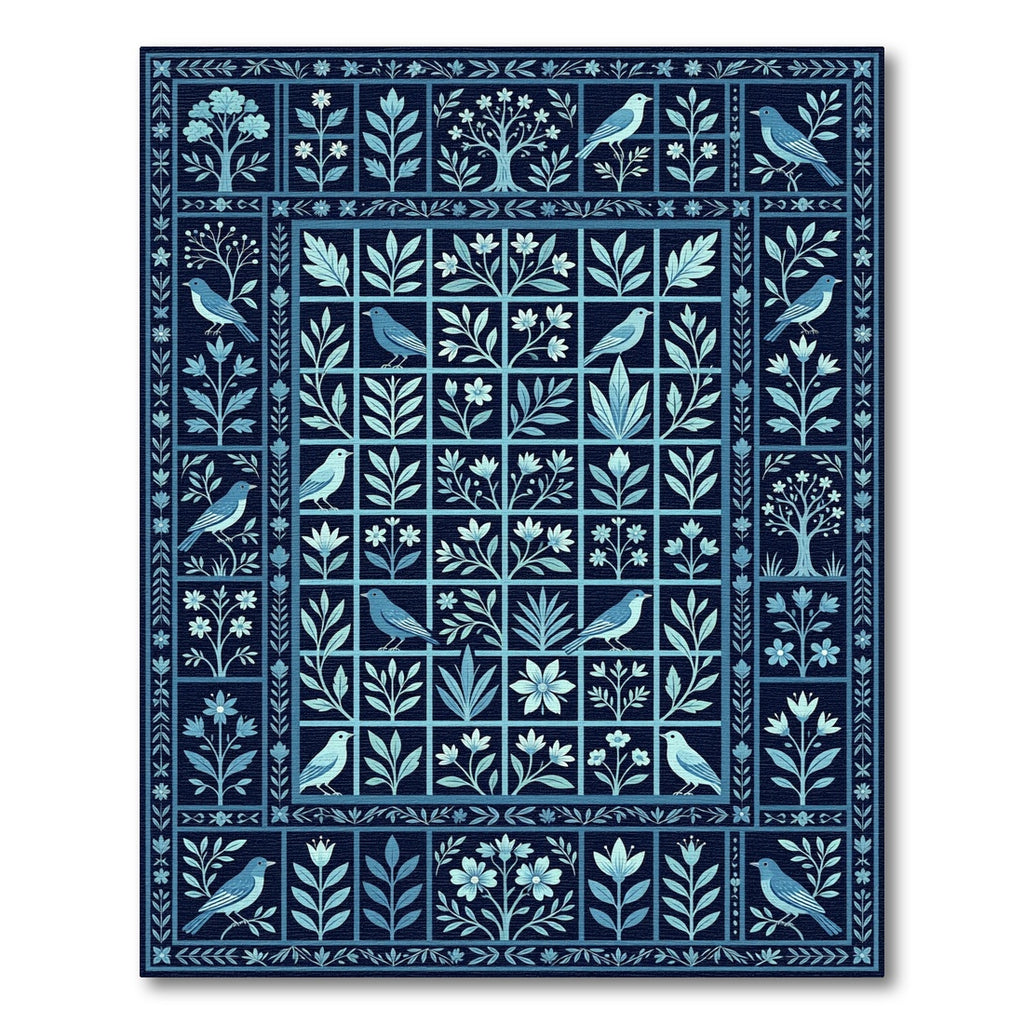 Deep Blue Avian Floral Garden Rug
