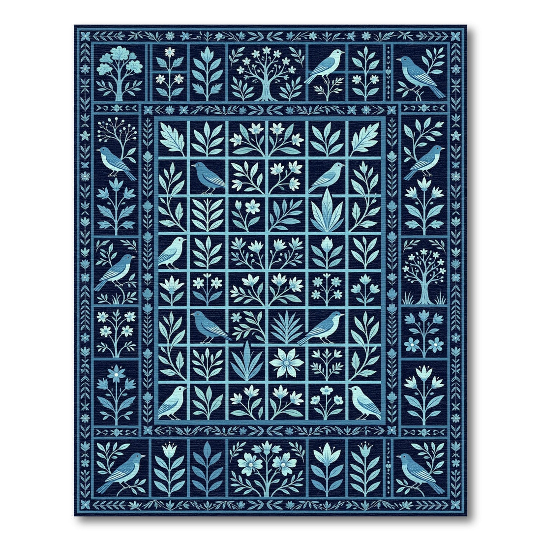 Deep Blue Avian Floral Garden Rug