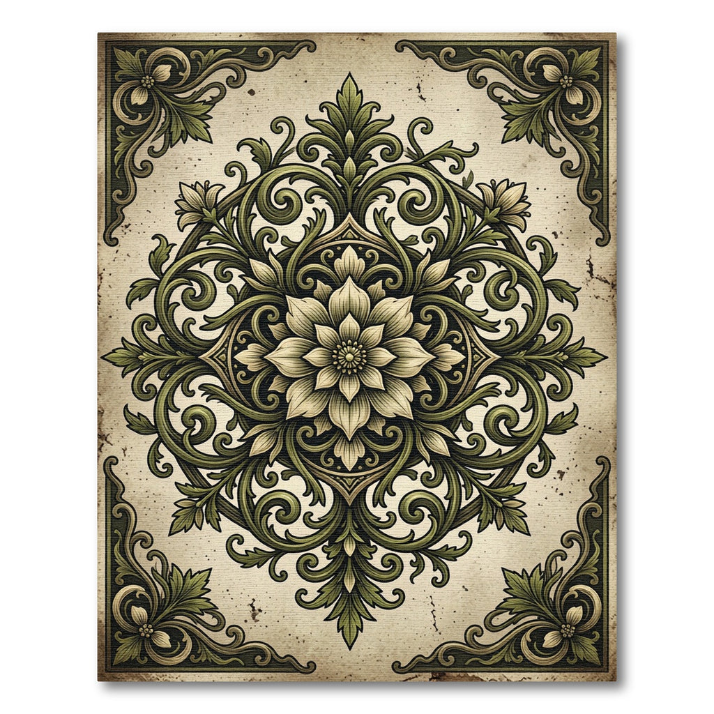 Elegant Sage Green Scrollwork Floral Medallion Rug