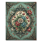 Vintage Teal Floral Cameo Bouquet Rug