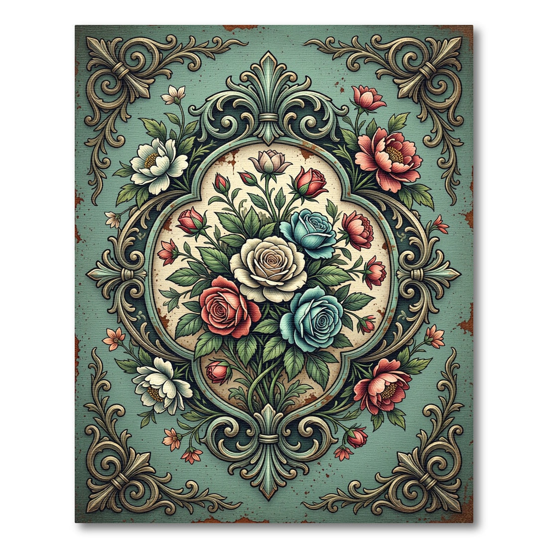 Vintage Teal Floral Cameo Bouquet Rug