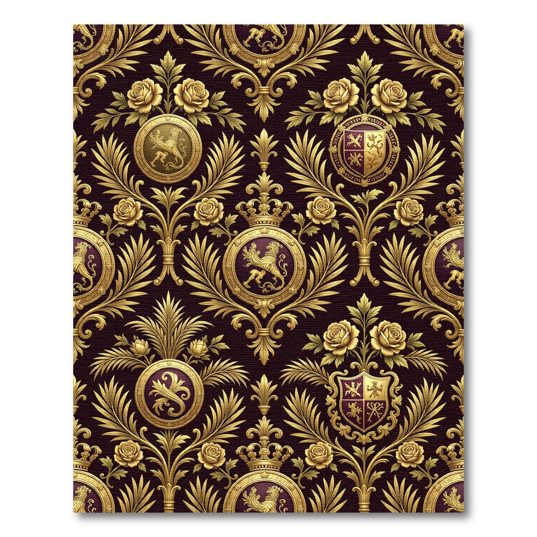 Royal Gold Crest Damask Rose Tapestry Rug