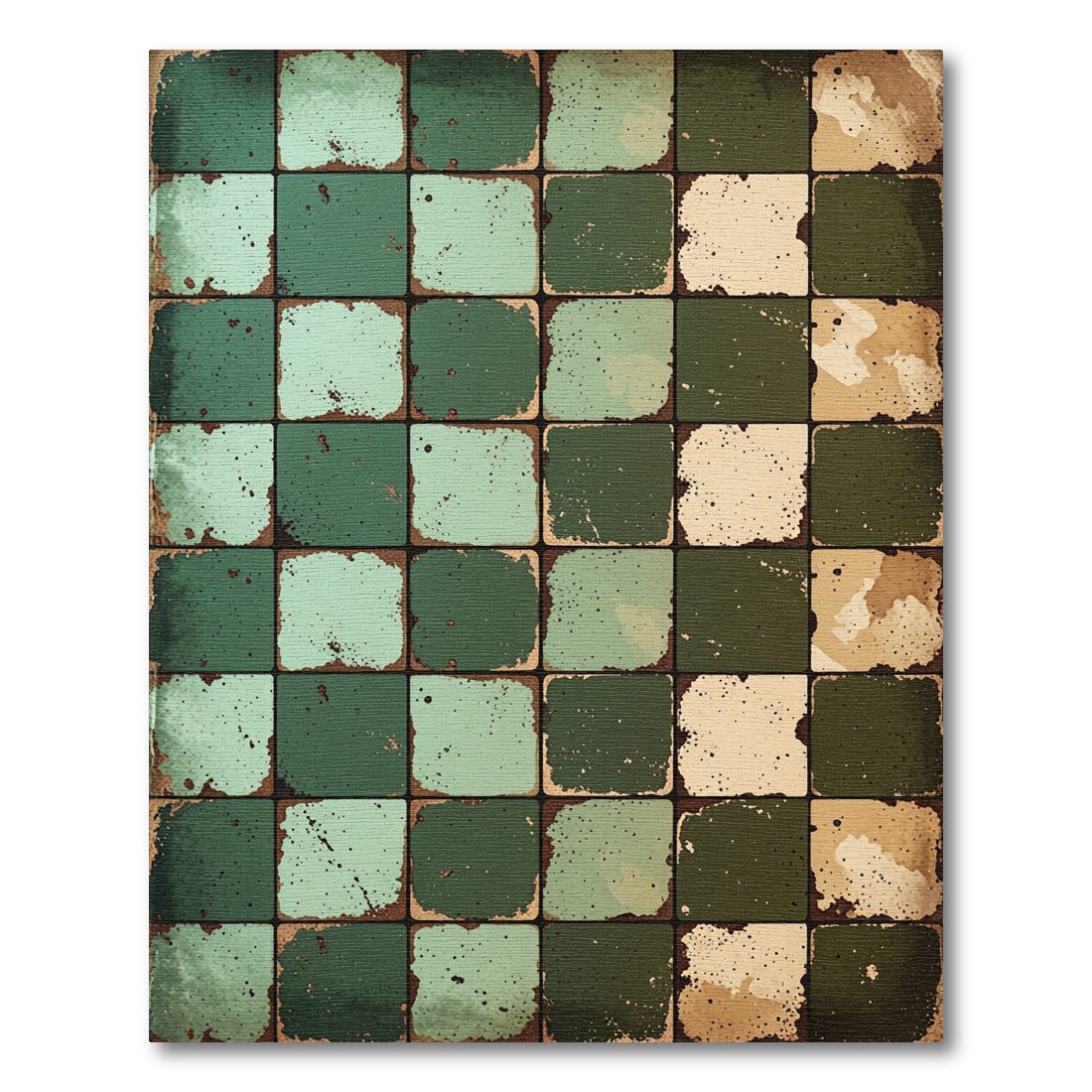 Distressed Green and Beige Mosaic Grid Rug