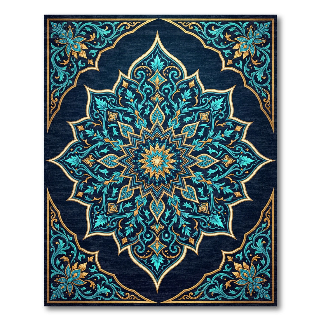 Luminous Teal Gold Floral Mandala Rug