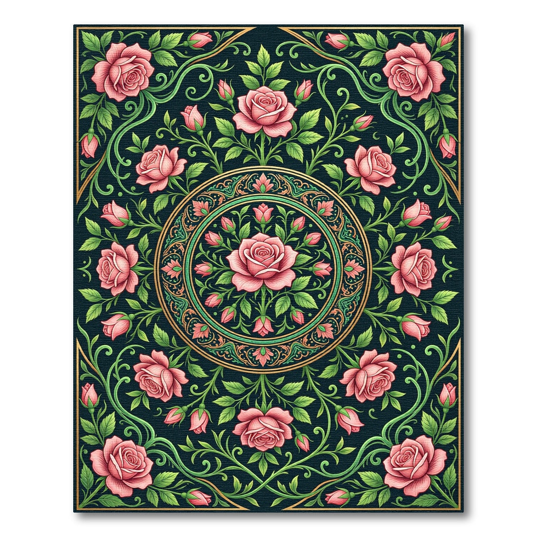 Elegant Pink Rose Medallion Floral Rug