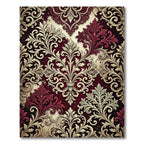 Burgundy and Cream Ornate Floral Damask Rug