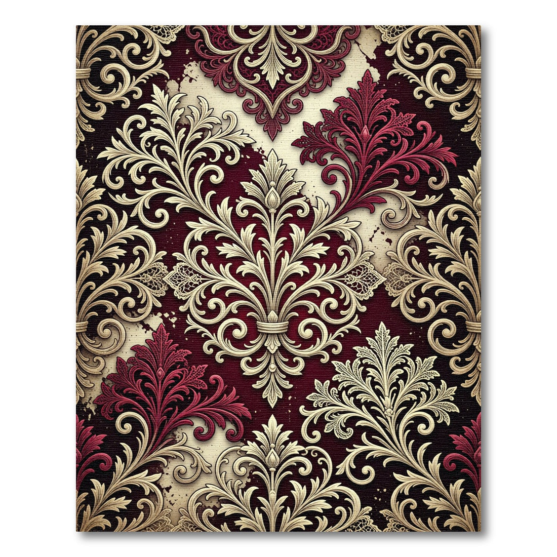 Burgundy and Cream Ornate Floral Damask Rug