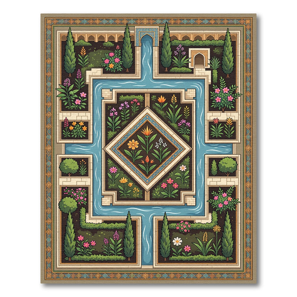 Symmetrical Floral Water Garden Tapestry Rug