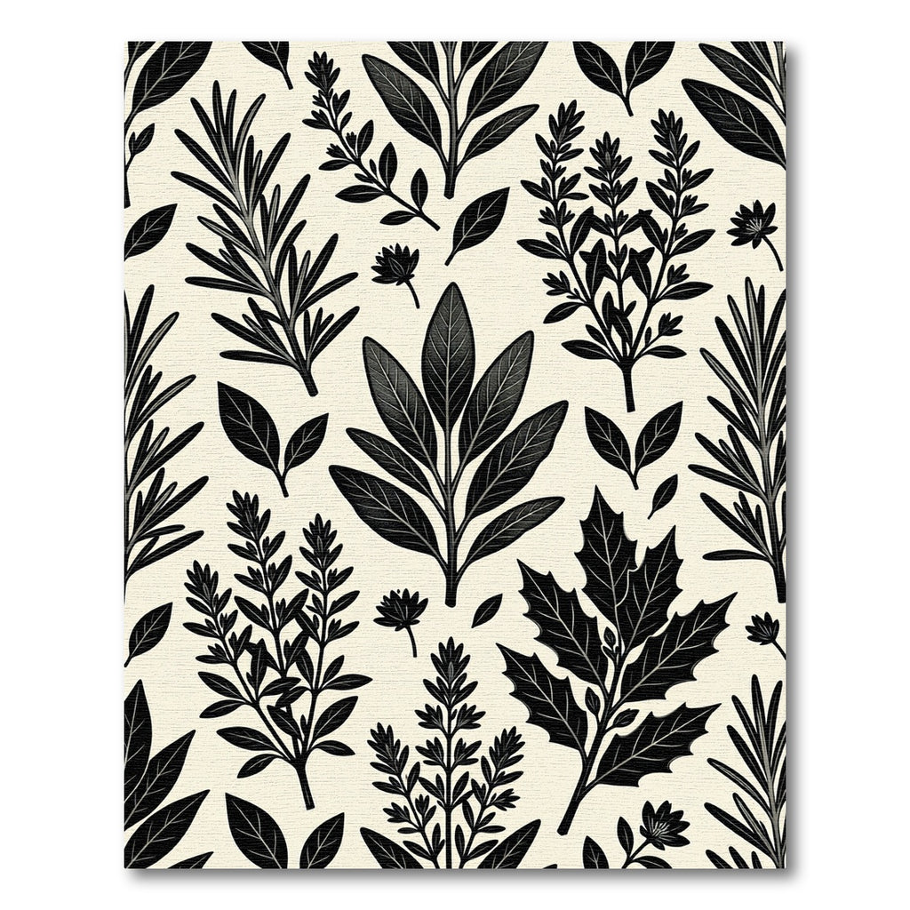 Black Botanical Herb Leaf Pattern Rug