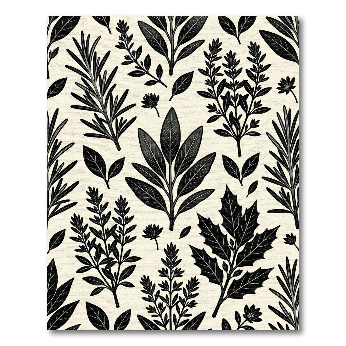 Black Botanical Herb Leaf Pattern Rug