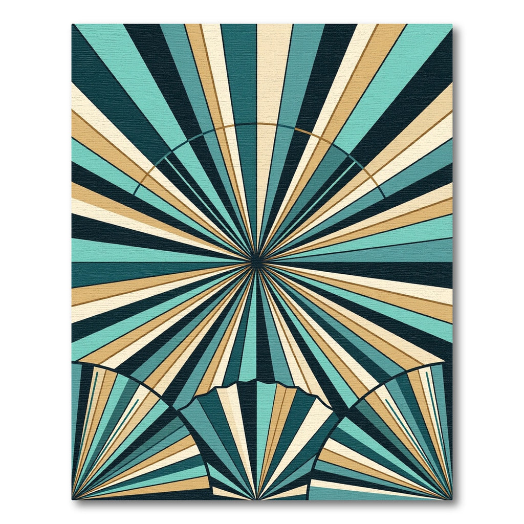 Teal Gold Sunburst Fan Rays Rug