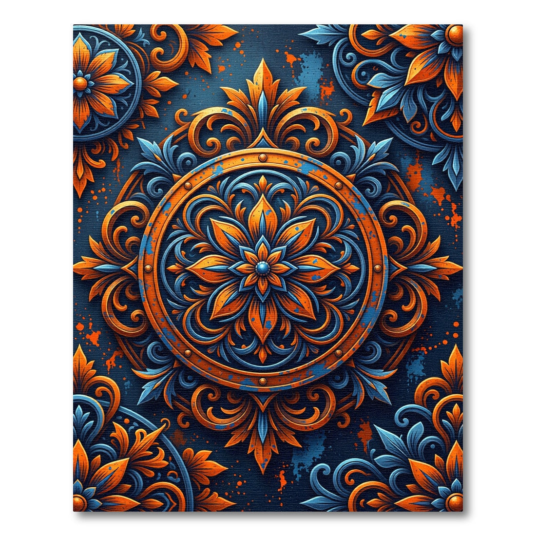 Ornate Amber and Cobalt Floral Medallion Rug