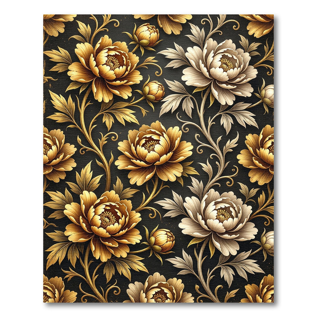 Golden Peony Floral Black Art Deco Rug