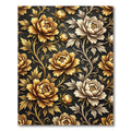 Golden Peony Floral Black Art Deco Rug