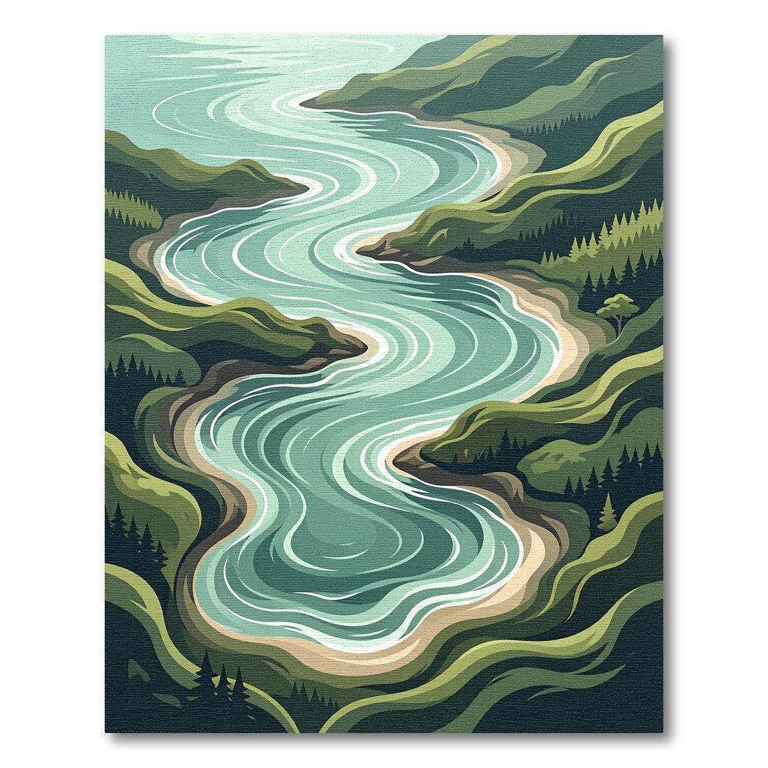 Serene Emerald Winding River Landscape Rug