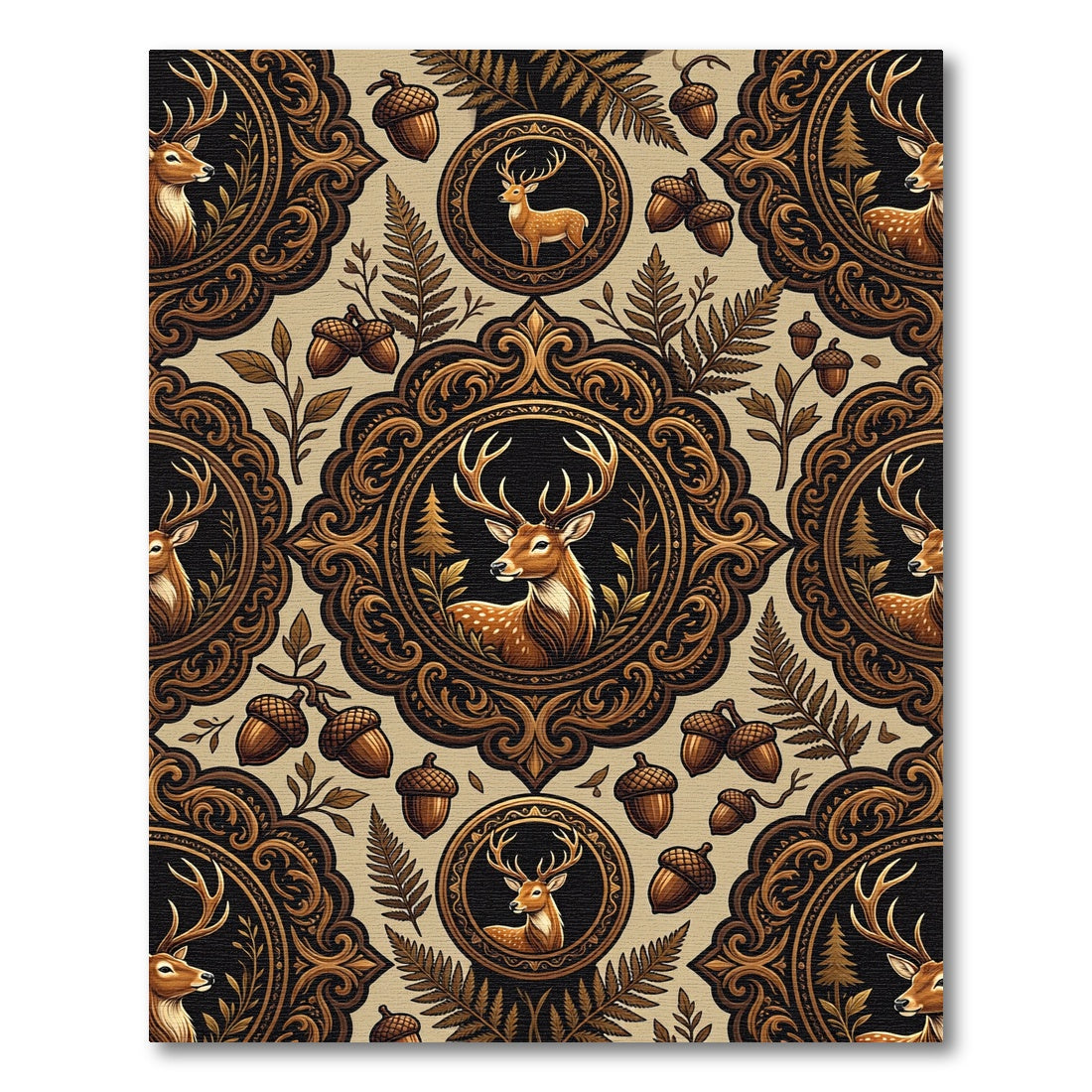 Ornate Woodland Deer Oak Acorn Medallion Rug