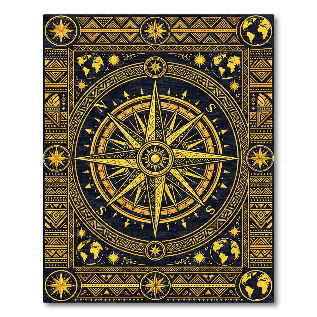 Golden Nautical Compass Global Map Rug