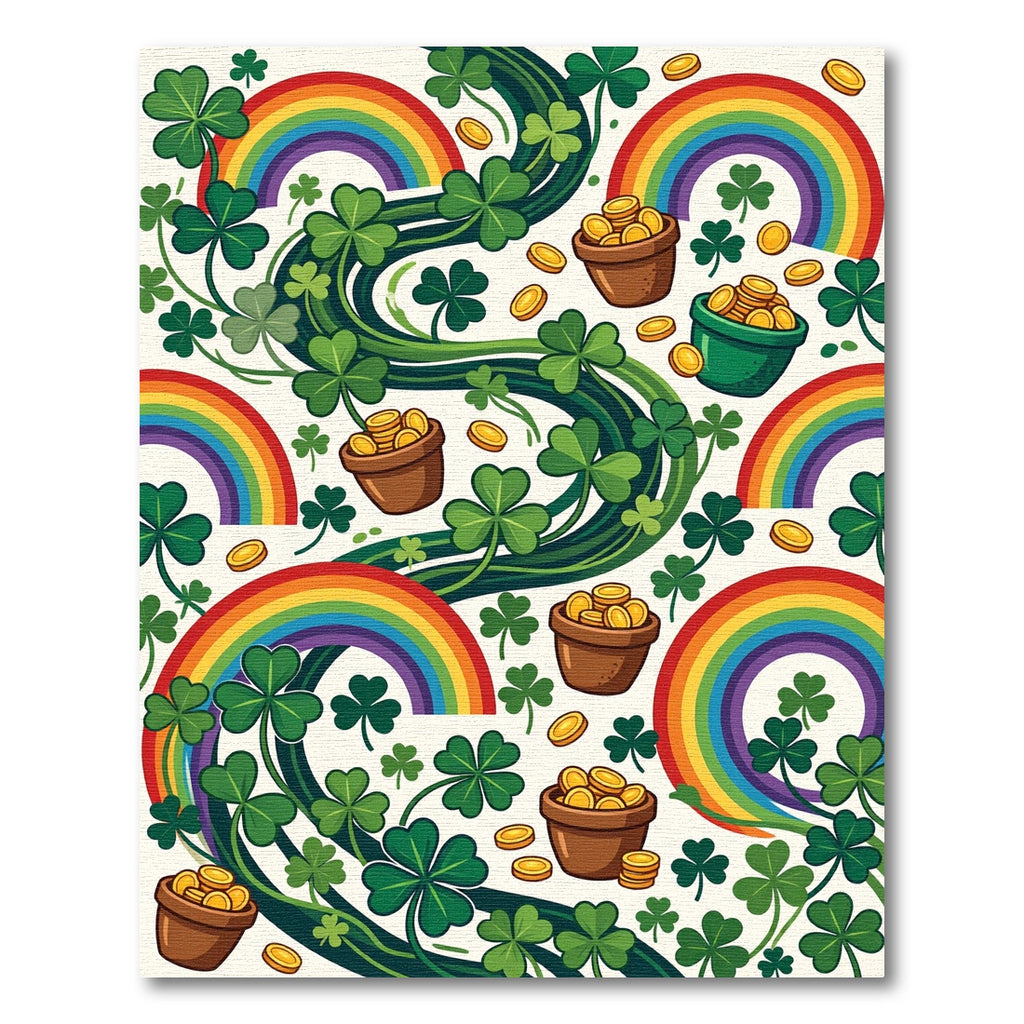 Whimsical Rainbow Shamrock Gold Coin Arrangement Rug
