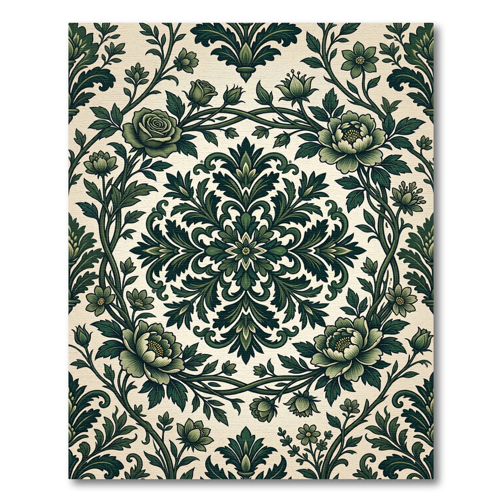 Dark Green Floral Damask Medallion Rug