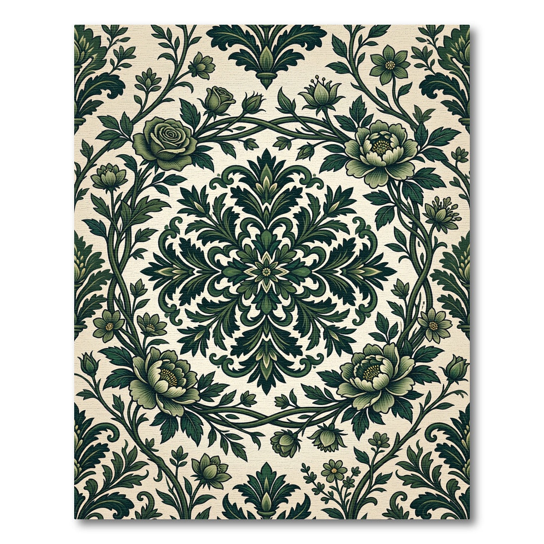 Dark Green Floral Damask Medallion Rug