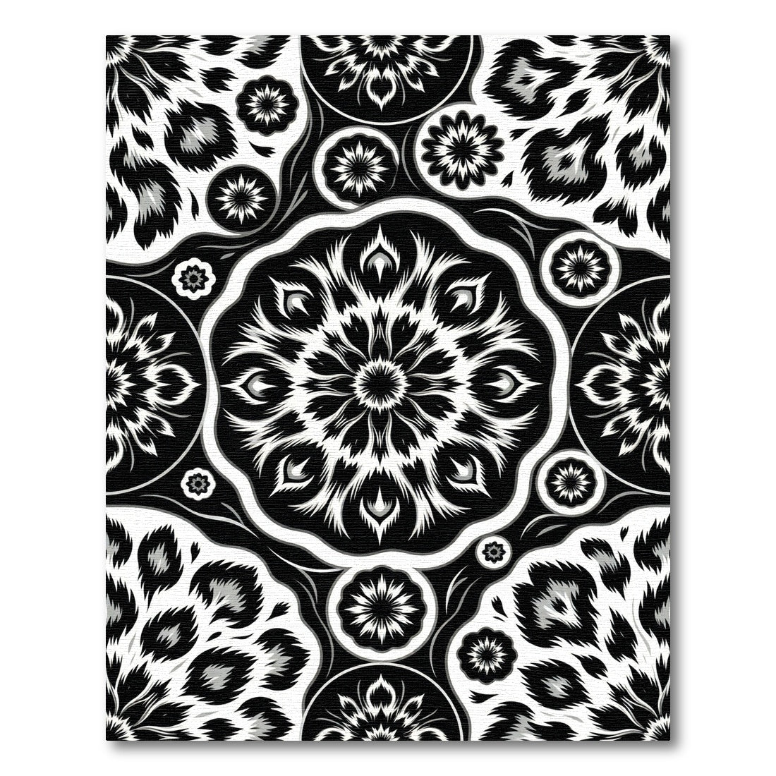 Monochromatic Black White Floral Medallion Rug
