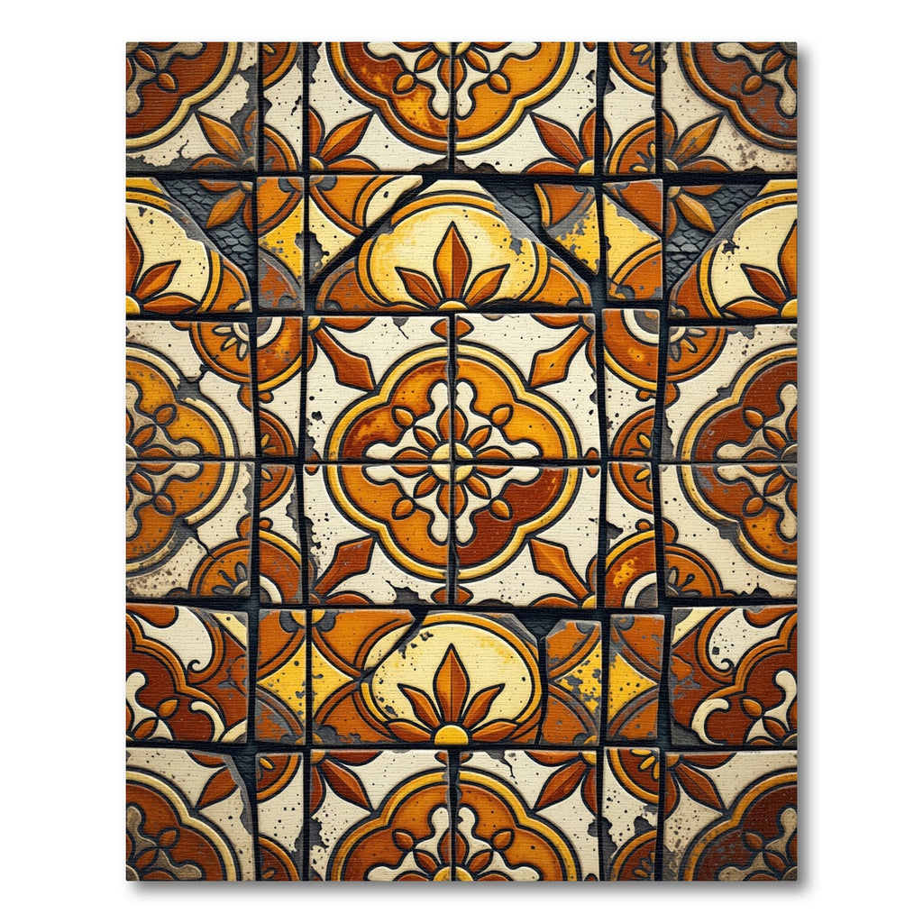 Rustic Ochre Floral Medallion Tile Rug