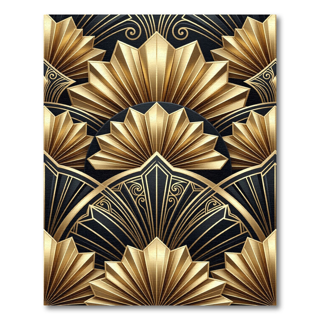 Art Deco Gold Fan Geometric Black Rug