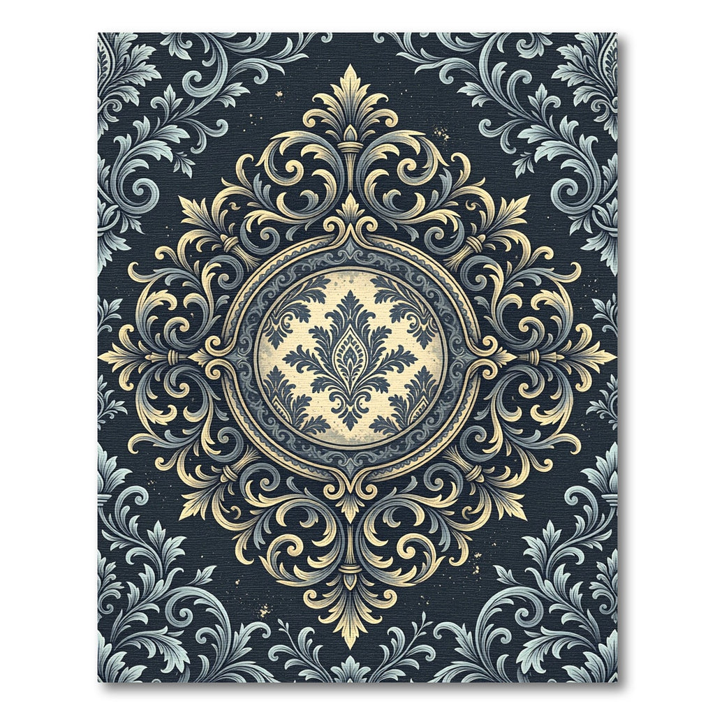 Elegant Gold and Navy Damask Medallion Rug