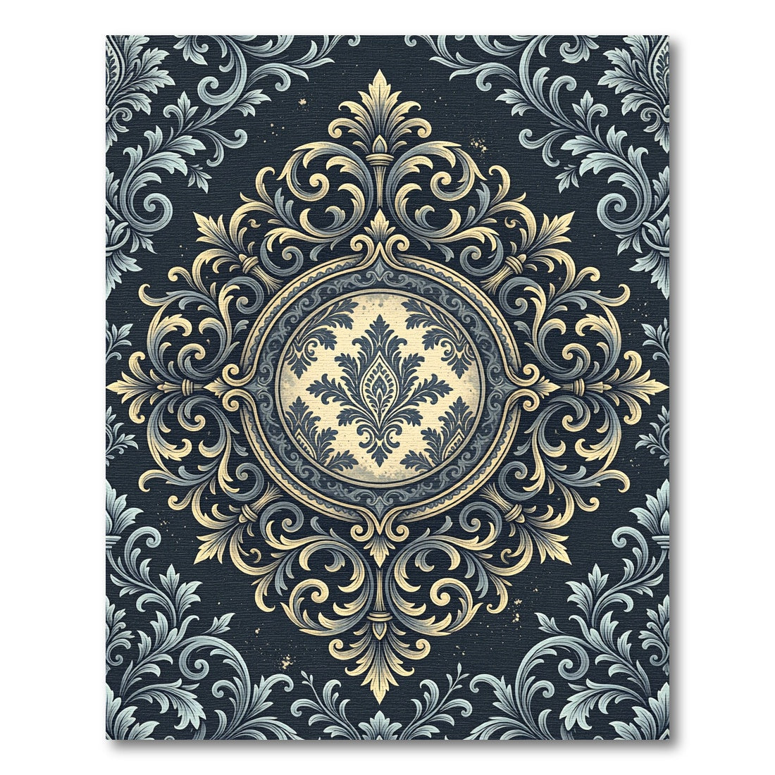 Elegant Gold and Navy Damask Medallion Rug