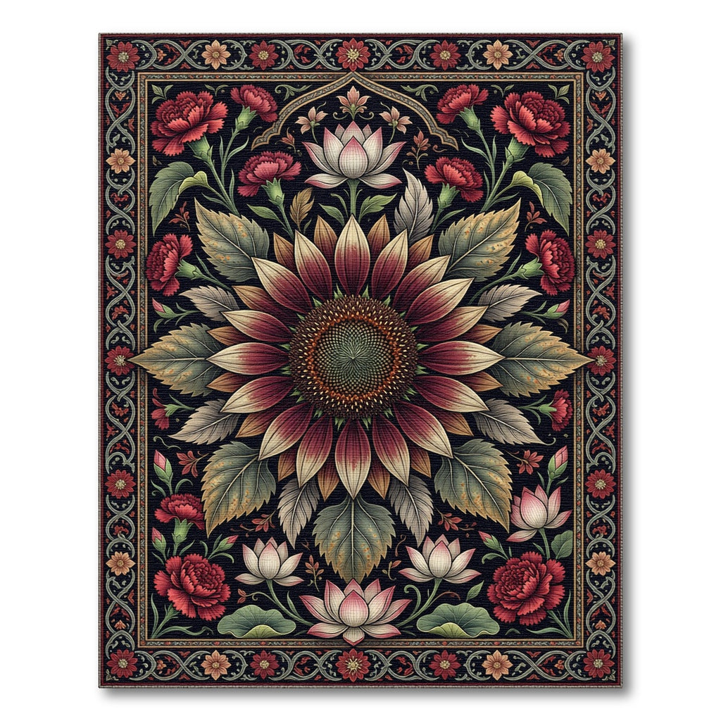 Deep Burgundy Sunflower Lotus Floral Tapestry Rug