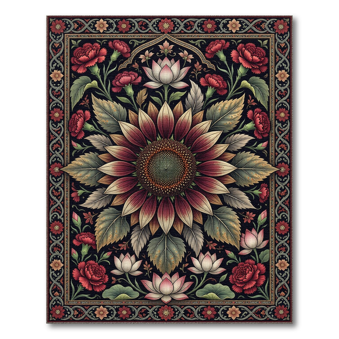 Deep Burgundy Sunflower Lotus Floral Tapestry Rug