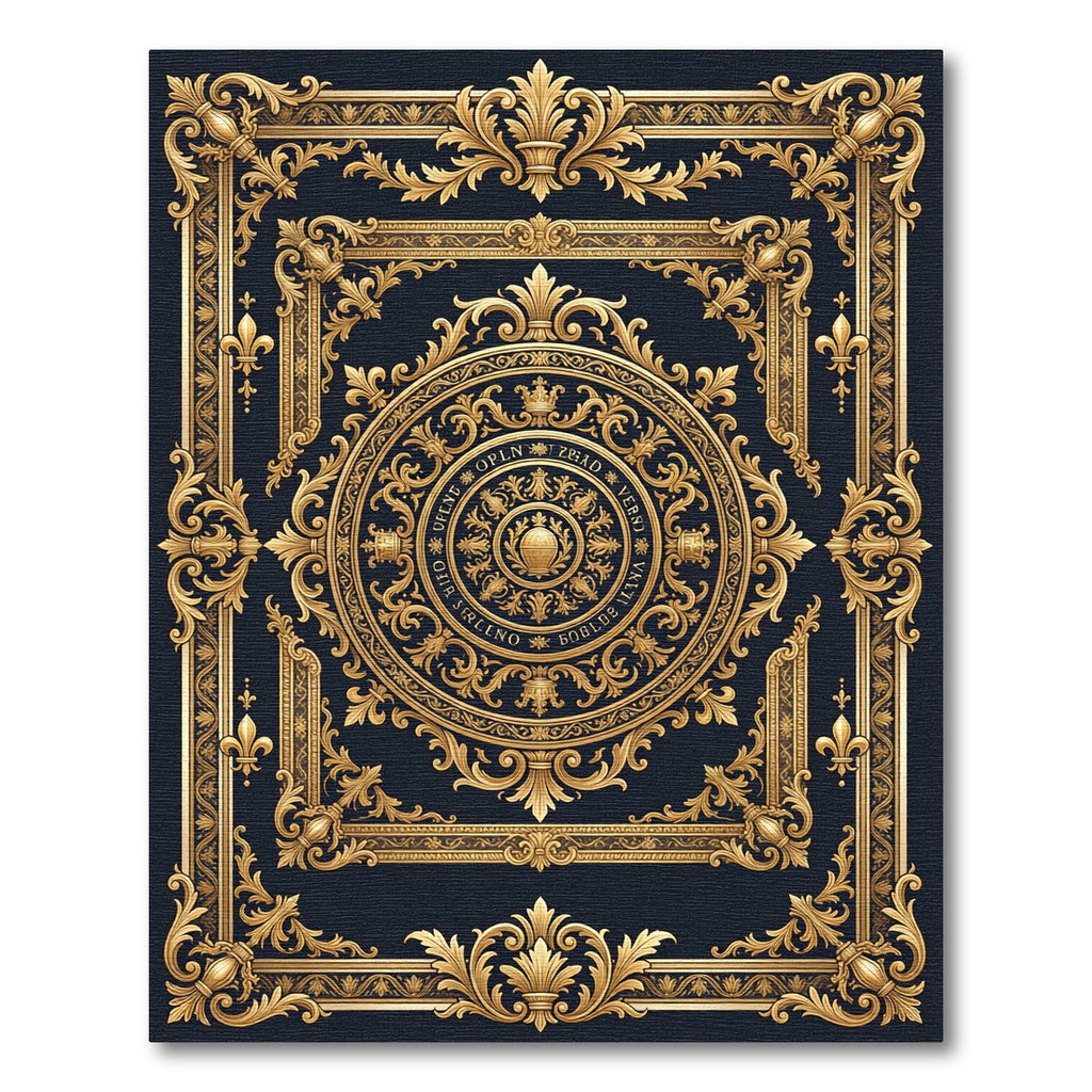 Ornate Gold Emblem Black Scrollwork Rug