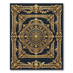 Ornate Gold Emblem Black Scrollwork Rug