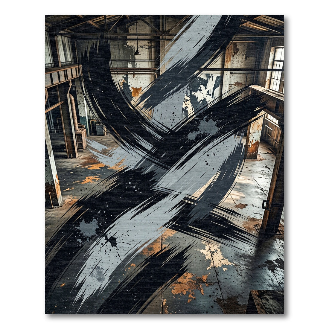 Contemporary Charcoal Gray Ink Brush Stroke Rug
