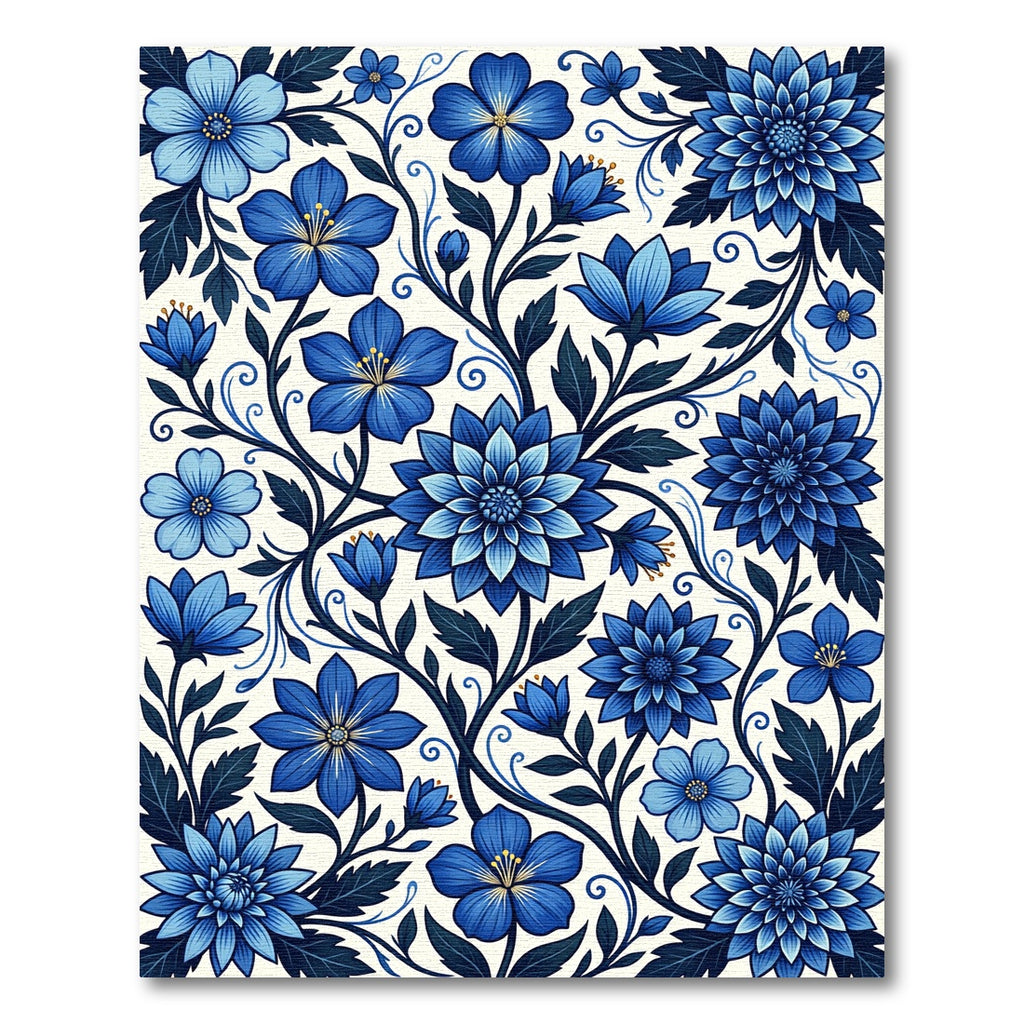 Intricate Navy Blue Botanical Floral Vine Rug