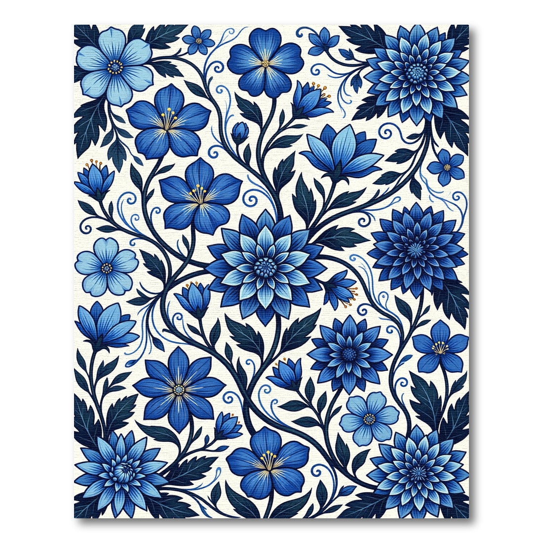 Intricate Navy Blue Botanical Floral Vine Rug