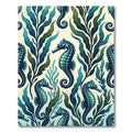 Emerald Seahorse and Seaweed Underwater Illustration Rug