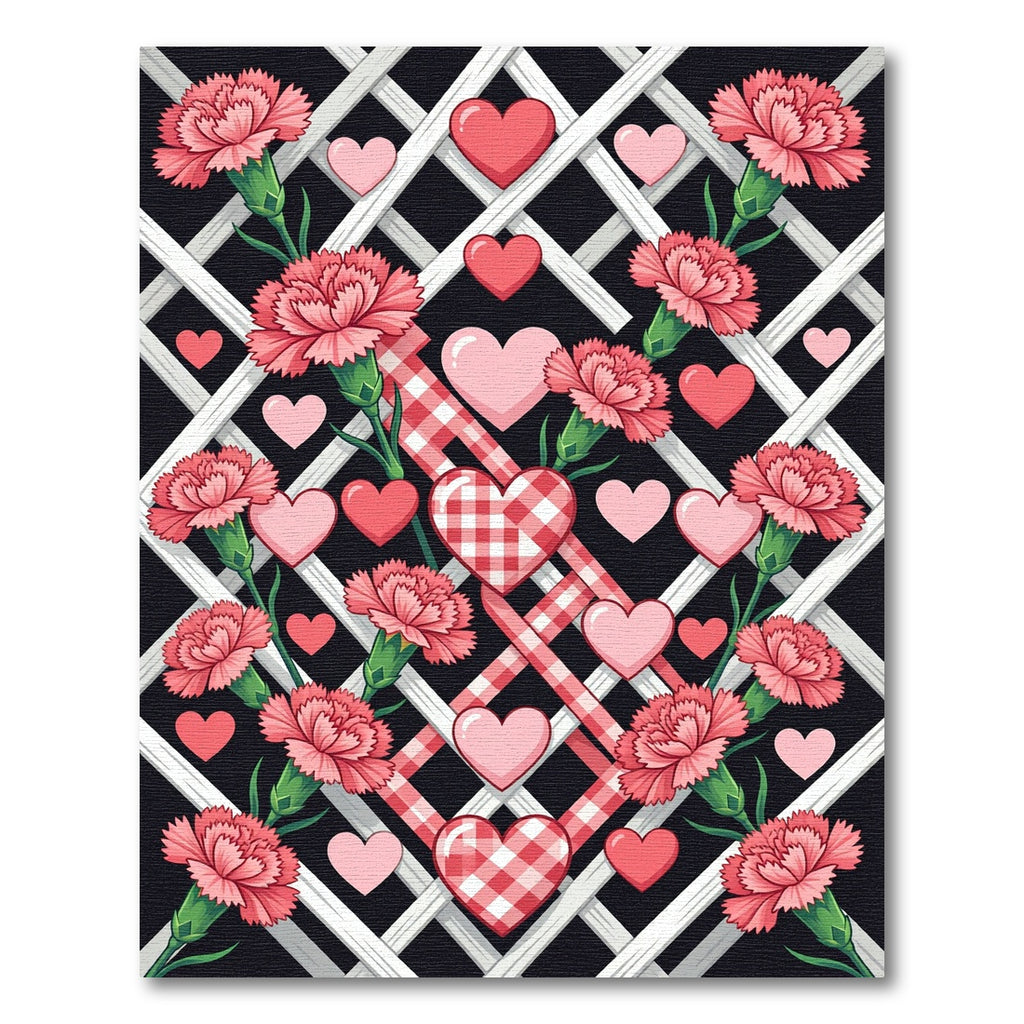 Pink Carnation Hearts on Lattice Gingham Rug