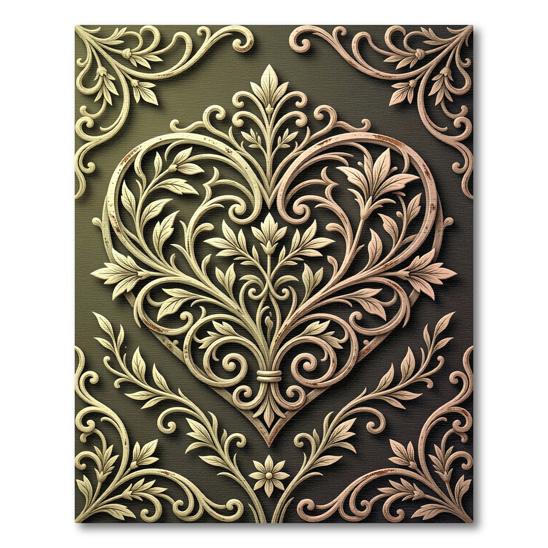 Ornate Golden Heart Floral Damask Rug