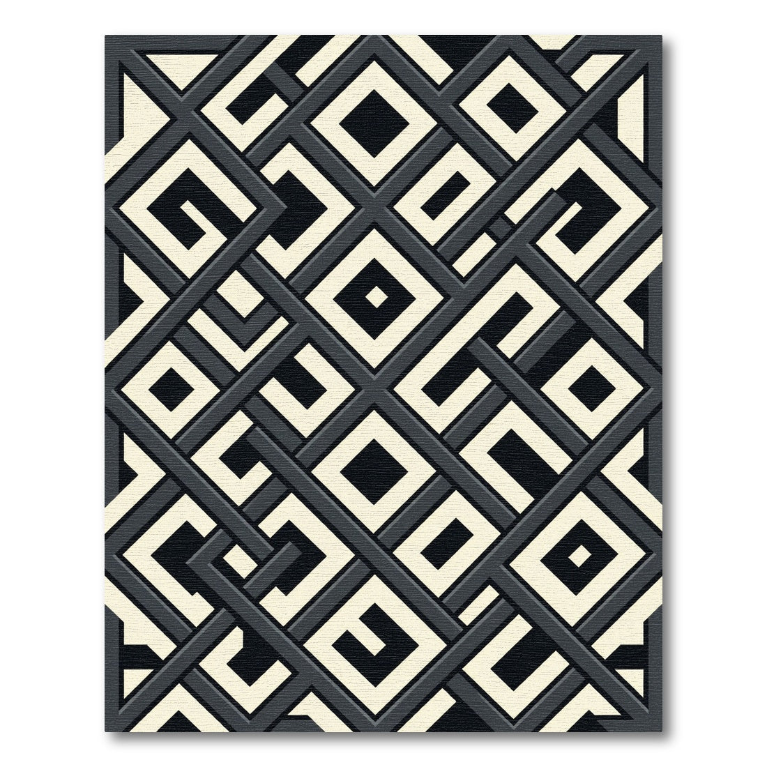 Modern Monochrome Interlocking Geometric Square Art Rug