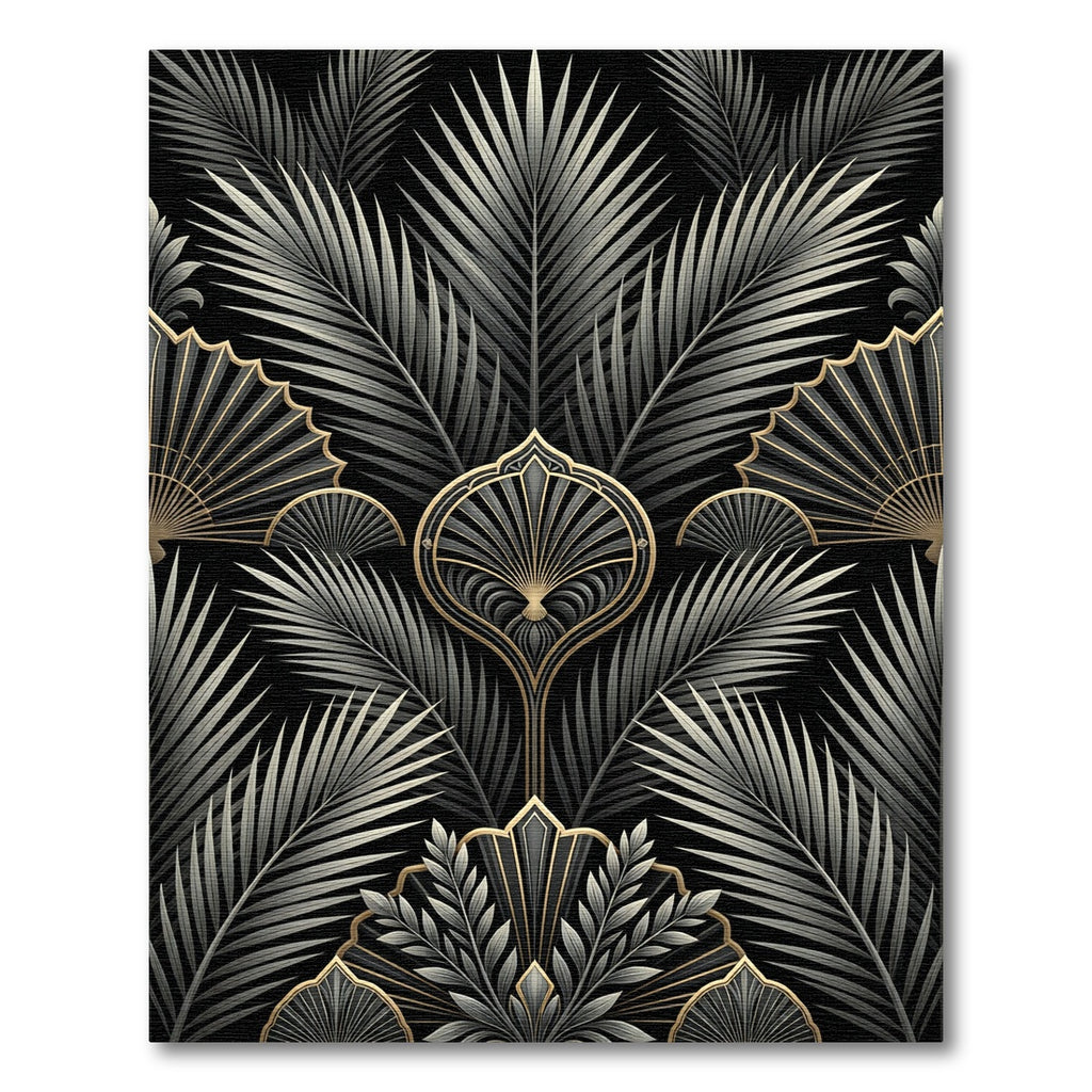 Art Deco Black Gold Palm Leaf Rug