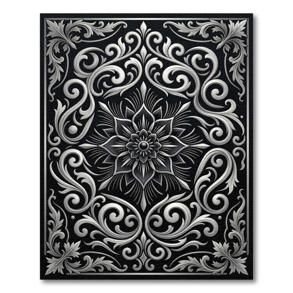 Ornate Black Silver Floral Scroll Rug