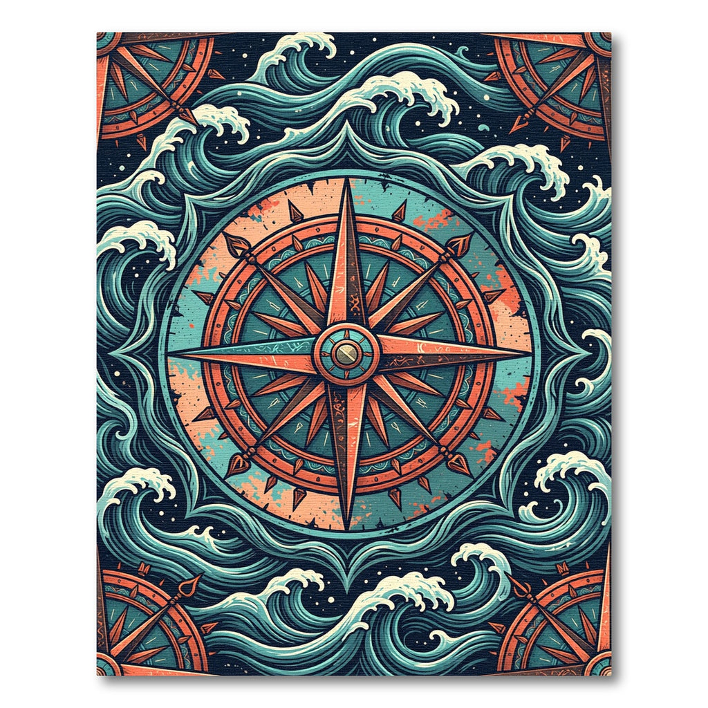 Nautical Compass Amidst Teal Ocean Waves Rug