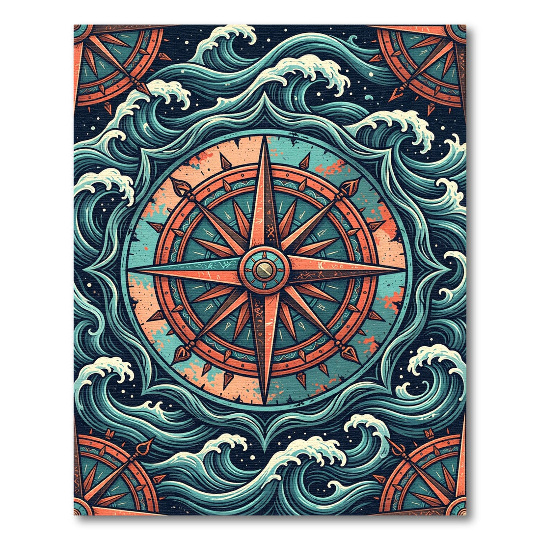 Nautical Compass Amidst Teal Ocean Waves Rug