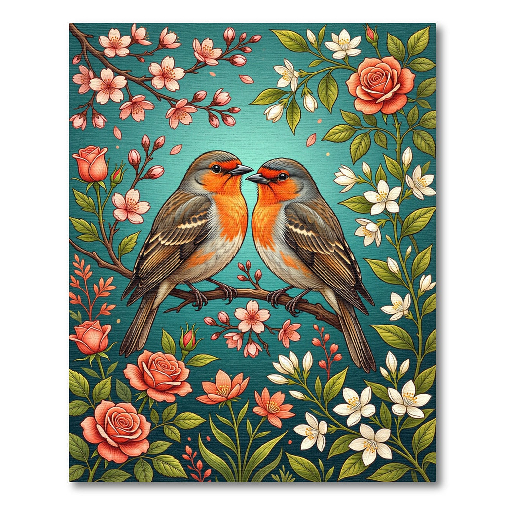 Coral Robins Amidst Floral Branches Rug