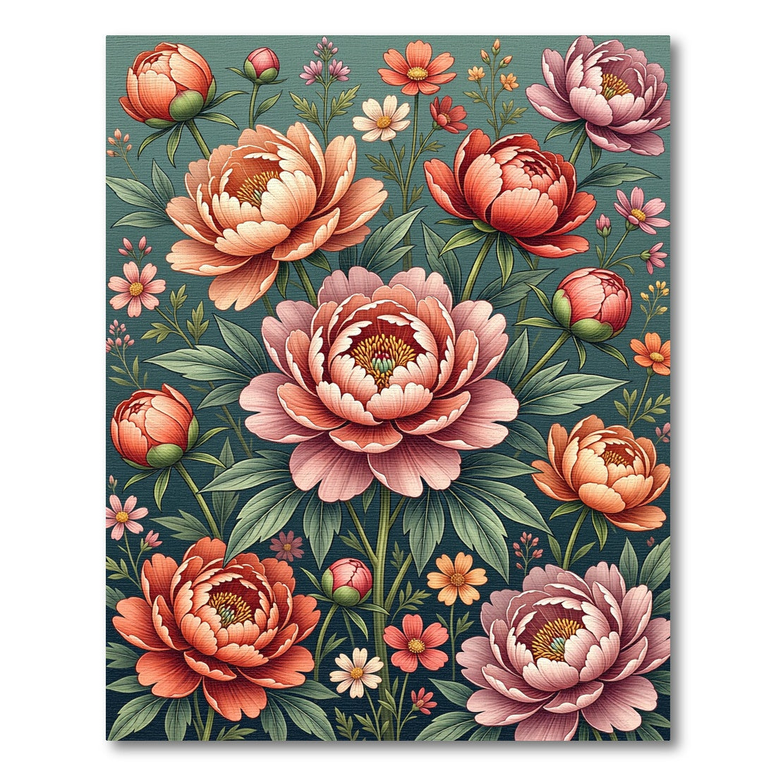 Blooming Peony Floral Teal Botanical Garden Rug