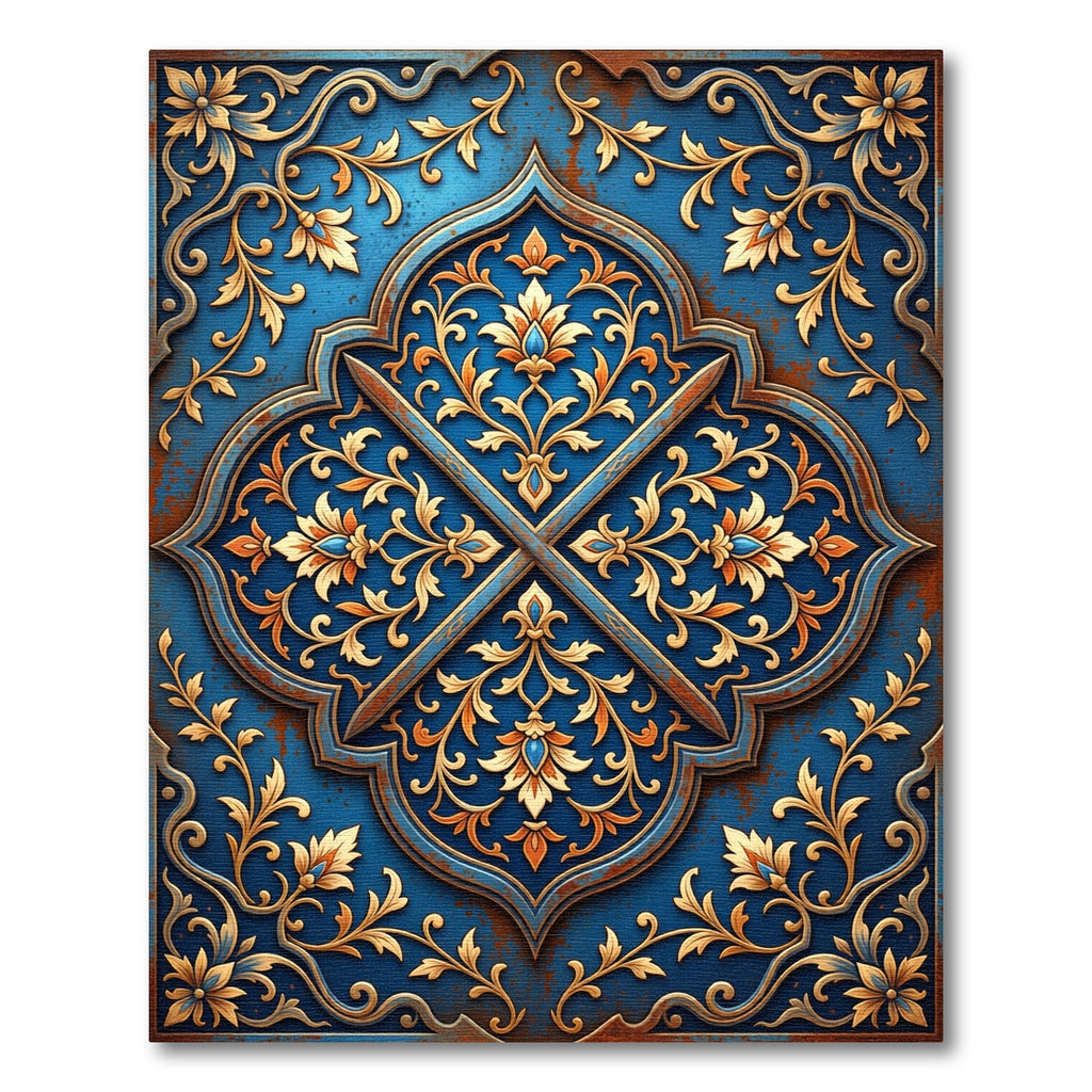 Ornate Gold Floral Royal Blue Medallion Rug
