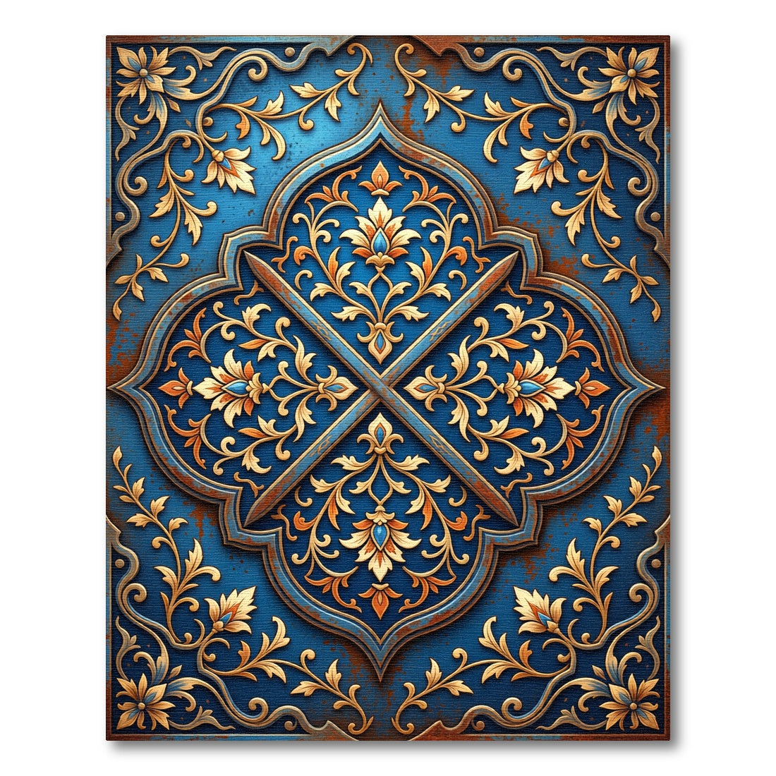 Ornate Gold Floral Royal Blue Medallion Rug